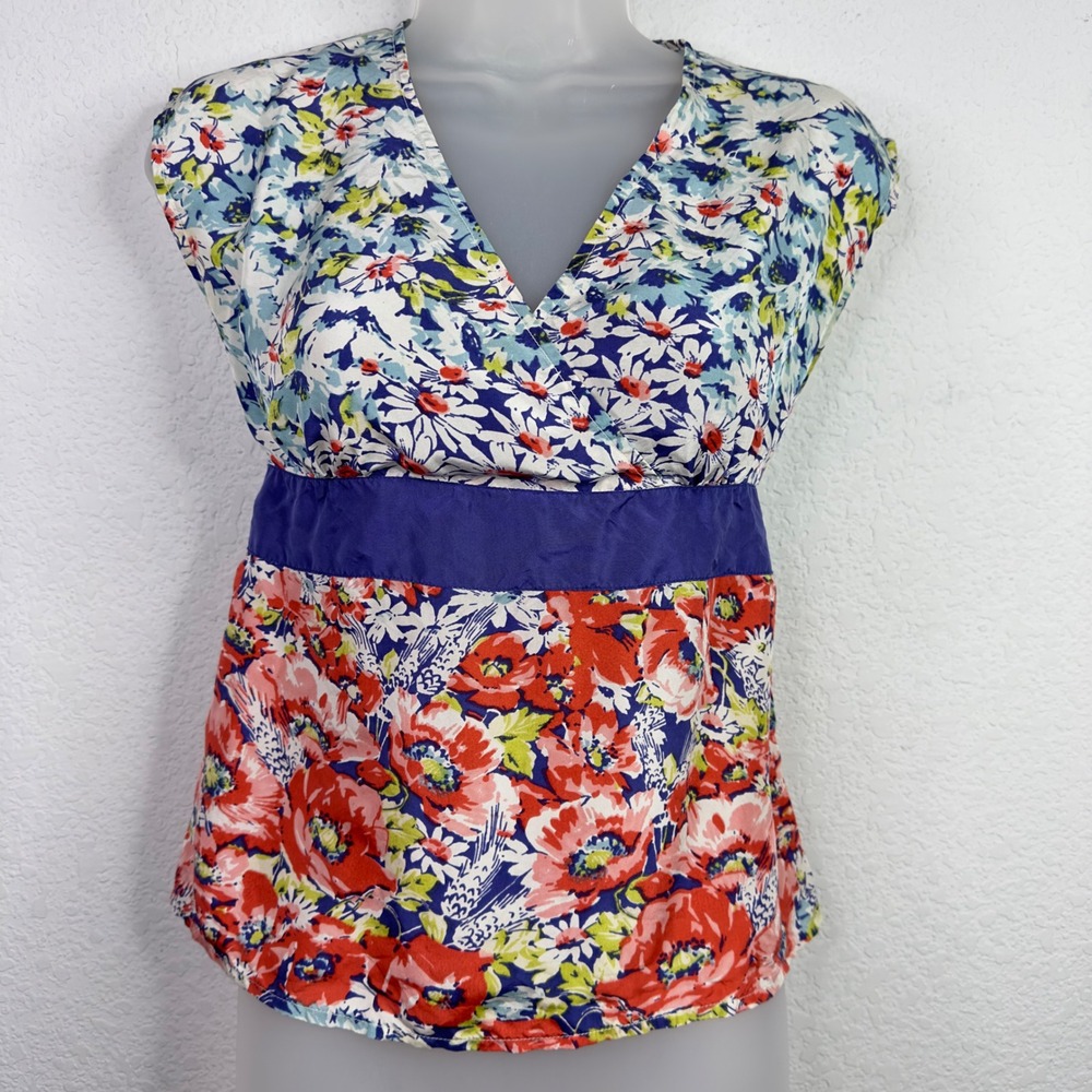 Odille Anthropologie Shirt Womens 0 Silk‎ Floral Empire Waist Romantic Cottage